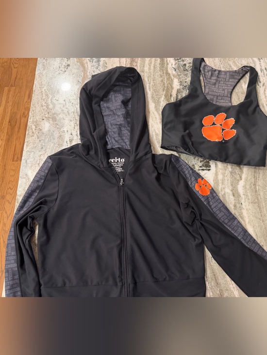 Jackets & Blazers - Clemson University Black Athletic Cropped Jacket & Sports Bra Set w/ Orange Paw